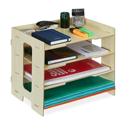 Image of Relaxdays Filing Cabinet, 3 Compartments, Letter Tray, Office Document Organiser, A4 Format, 27 x 32.5 25 cm, Beige, 100% fibreboard 0%