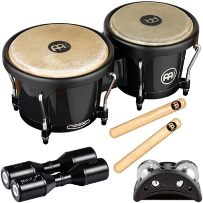 Image of Meinl Percussion Bongos Set with Bongos, Shaker, Foot Tambourine, and 1 Pair of Claves Black, Natural (BPP 1)