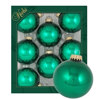 Image of Original Lauschaer Christmas tree decorations set of 8 plain shiny emerald green, 6.7 cm, with golden crown + 50 quick hangers in gold
