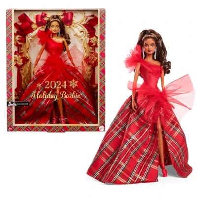 Image of Barbie 2024 Holiday Dolls, Seasonal Collector Gift, Signature, Plaid Gown with Red Bow, Displayable Packaging, Light Brown Hair, HRM67