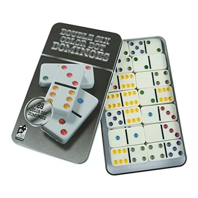 Image of Rosemary 28X Color Dot Double Six Dominoes Table Game Set in Tin Box for Family &amp; Party Entertainment