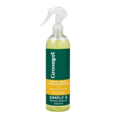 Image of Groomers Simply G Exotic Fruits Dog Coat Fragrance Spray for all Types Banana &amp; Mango Scented Freshener Professional Grooming Essentials Vegan Friendly Cruelty Free 500ml