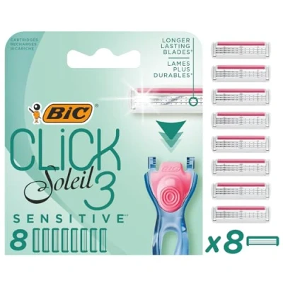 Image of Bic Click 3 Soleil Sensitive Women&#039;s Razor Refills, Moveable Blades and Lubricating Strip Box of 8 Cartridges, Blue