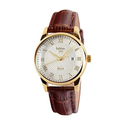 Image of FeiWen Unisex Stainless Steel Analog Quartz Watch for Women and Men Roman Numerals Calendar Business Dress Casual Wrist Watches with Leather Band, Gold