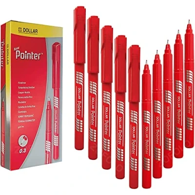 Image of DOLLAR Fineliner Pens, RED, 0.3mm Ultra Fine Felt Tip, Pack of 10, Precise Writing, Write Draw Sketch Colour Mark Line Pens