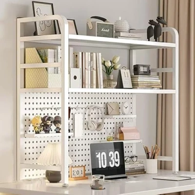 Image of FUYAO 3 Tier Metal Hutch Bookcase Organizer, Sturdy Desktop Bookshelf for Office Desk, Countertop Display Shelf Home Dorm Computer Desk
