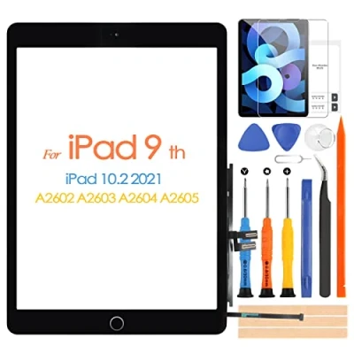 Image of Touch Screen for iPad 9 2021 9th Generation Digitizer Touchscreen 10.2 A2602 A2603 A2604 A2605 Front with Home Button, Includes Repair Tools (Black)