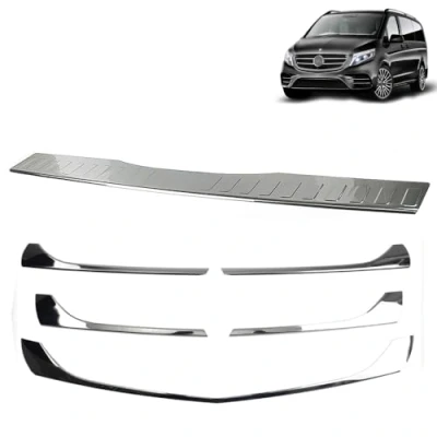 Image of ROBUST 5 Pcs Chrome Front Grill Trim Cover &amp; Rear Bumper Protector Scratch Guard Step Stainless Steel for Mercedes Benz Vito W447 2014 Onwards