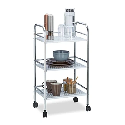 Image of Relaxdays Metal Home Serving Cart with 3 Shelves, Tiers Kitchen Trolley Handles, Side HxWxD 75x40.5x31 cm, White