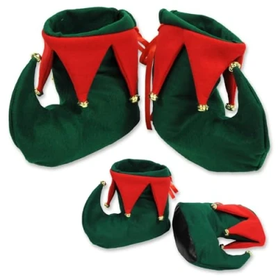 Image of Bismaa Adults Christmas Elf Shoes With Bells Green Red Santas Helper Jester Peter Pan Costume Slipper Boots Unisex Xmas Fancy Dress Accessory