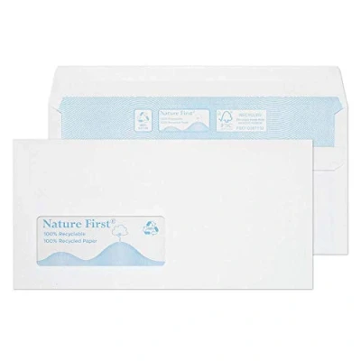 Image of Blake Purely Environmental DL 110 x 220 mm 90 gsm Nature First Recycled Low Window Wallet Self Seal Envelopes (RN17884) White Pack of 1000