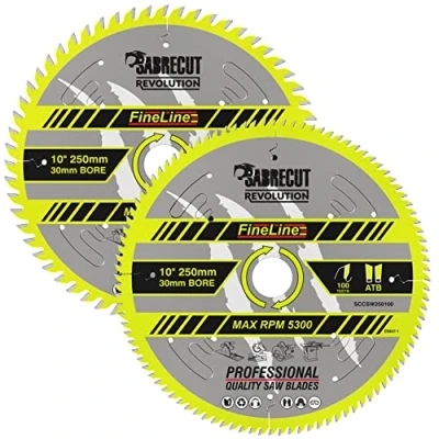 Image of 2 x SCCSW250K1 SabreCut 250mm 60T and 100T 30mm Bore Fineline Thin Kerf Wood Plywood MDF Chipboard Cross Cutting Rip Saw Blades Compatible with Dewalt Makita Milwaukee Many Others