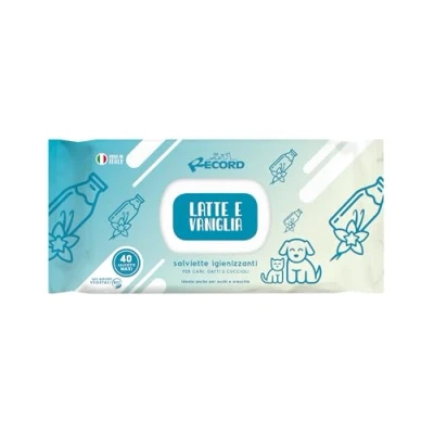 Image of Record Wet Sanitizing Wipes for Dogs and Cats. Dog Cat Wipes. Pack of 40. Pet Hair, Muzzle Paws Eyes. Respect Skin PH Milk Vanilla