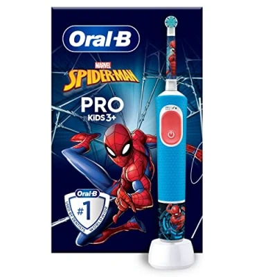 Image of Oral B Pro Kids Electric Toothbrush, Christmas Gifts For Kids, 1 Toothbrush Head, x4 Spiderman Stickers, 2 Modes with Kid Friendly Sensitive Mode, Ages 3+, Pin UK Plug, Blue