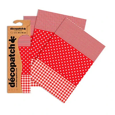 Image of Décopatch Ref C484O Red Spots, Stripes and Gingham Print Paper Pack Each Sheet 30 x 40cm, of 3 Sheets Best Used With Décopach Glue &amp; Varnish,