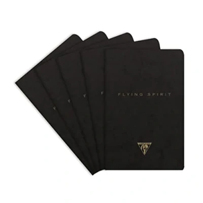 Image of Clairefontaine 102586C A pack of 5 Flying Spirit thread stitched notebooks 96 ivory pages 9x14 cm 90g lined, black glossy card cover, assorted pattern
