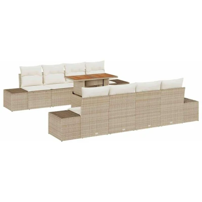 Image of vidaXL 9 Piece Garden Dining Set with Cushions Beige Poly Rattan Acacia