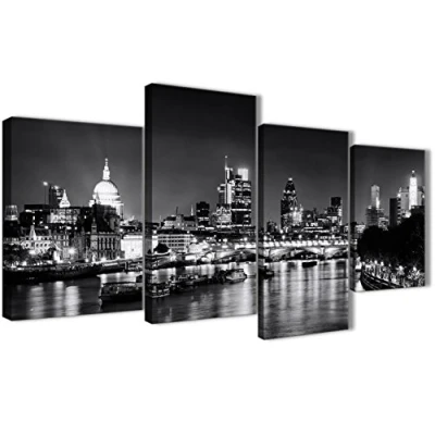 Image of Wallfillers Large River Thames London Skyline Canvas Wall Art Cityscape 4430 Black White Grey 130cm Set of Pictures