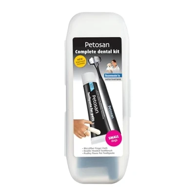 Image of Petosan Complete Dental Kit for Small Dogs All in one Veterinarian Approved Toothbrush, Toothpaste, and Finger Brush Set Care Fresh Breath, Healthy Gums, Clean Teeth