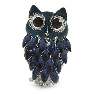 Image of Avalaya Navy Blue Diamante Enamel &#039;Owl&#039; Brooch in Rhodium Plating 5cm Length
