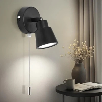 Image of TaFiCo Black Wall Lights with Pull Cord Switch GU10 Modern Light 350 Rotatable Indoor Sconce for Bedroom Bedside Living Room Kitchen Bulb Not Included