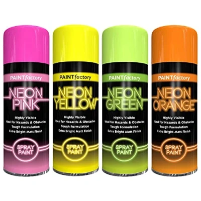 Image of Classic Signature 4 x Fluorescent Bright Neon Spray Paint Multipurpose Aerosol DIY Graffiti (Banksey) N0 CFCs Extra Assorted Colours Green Orange Pink Yellow 400ml D18