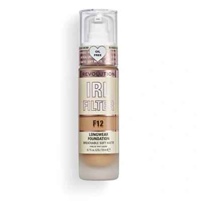 Image of Revolution Beauty London IRL Filter, Longwear Foundation, Medium to Full Coverage, Matte Finish, 16 Hour Wear, F12, 23ml