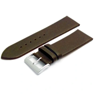 Image of Fine Calf Leather Watch Strap Band 26mm Dark Brown with Chrome (Silver Colour) Buckle. Free Spring Bars (Watch Pins)