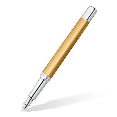 Image of STAEDTLER Triplus 474 M11 3 Fountain Pen M, Colour Glorious Gold, Premium Quality Metal Casing in Ergonomic Triangular Shape, Steel Nib M with Blue Ink Cartridge