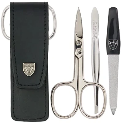 Image of 3 Swords Germany brand quality piece manicure pedicure grooming kit set for professional finger &amp; toe nail care scissors file genuine leather case in gift box, Made by (000378)
