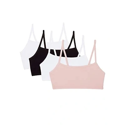Image of Fruit of the Loom Women&#039;s Spaghetti Strap Cotton Pullover Sports Bra, Blushing Rose/White/White/Black 4 Pack, 40