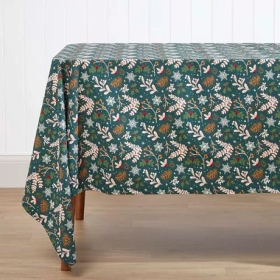 Image of HOMESCAPES Green Christmas Tablecloth 100% Cotton 4 Seater Table Cloth 137 x cm Square “Festive Forest Floral Xmas Pattern