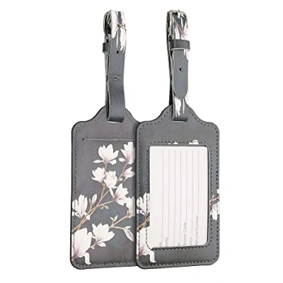 Image of kwmobile Luggage Tags 2X Synthetic Leather Name Address Cards for Travel Luggage, Suitcases Magnolias Taupe/White/Dark Grey