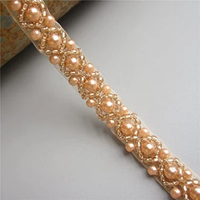 Image of 1 Meter Pearl Beaded Trim Bridal Lace Ribbon Trimming Edge Tape for Craft Sewing Wedding Dress Fabric DIY Decoration (Champagne 1cm)