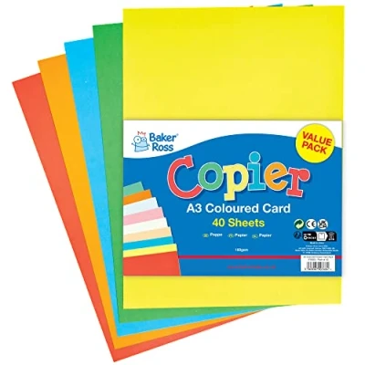 Image of Baker Ross FX835 A3 Coloured Card Pack of 40, Classroom Craft Essential, Arts and Crafts for Kids, School Supplies