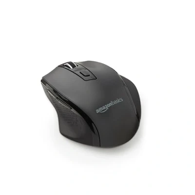 Image of Amazon Basics Ergonomic wireless mouse for Laptop, 2.4 GHz with USB receiver, adjustable DPI Black
