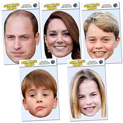 Image of Five Pack Prince William, Kate Middleton, George, Louis and Princess Charlotte Royal Family Celebrity Face Mask Ready To Wear Perfect For Coronation Parties