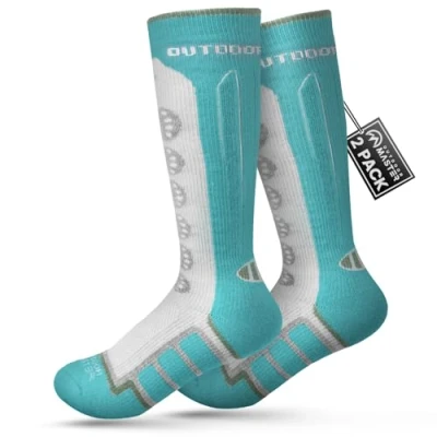 Image of OutdoorMaster Kids Ski Socks, 2 Pack Merino Wool Winter Compression Thermal Over The Calf Non Slip Cuff for Skiing, Snowboarding, Skating
