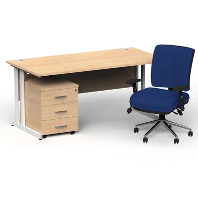 Image of Impulse 1800 White Cant Desk Maple + 3 Dr Mobile Ped &amp; Chiro Blue