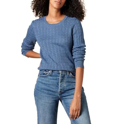 Image of Amazon Essentials Women&#039;s Lightweight Long Sleeved Cable Crewneck Sweater (Available in Plus Size), Blue Heather, S