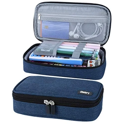 Image of Chelory Large Pencil Case Big Capacity Cases Bag for Boys Girls Teen College School Students, High Storage Pen Pouch Holder Stationery Office Organiser Supplies Makeup Adults, Dark Blue