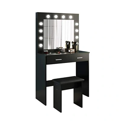 Image of Dressing Table Set with Hollywood LED Lights Mirror, Vanity Makeup 2 Large Drawers and Stool (Black)
