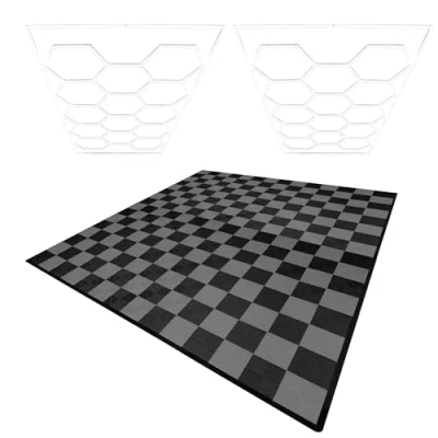 Image of MonsterShop Hexagon LED Lights x 2 &amp; Vented Garage Floor Tiles with Edges 120 Black Grey