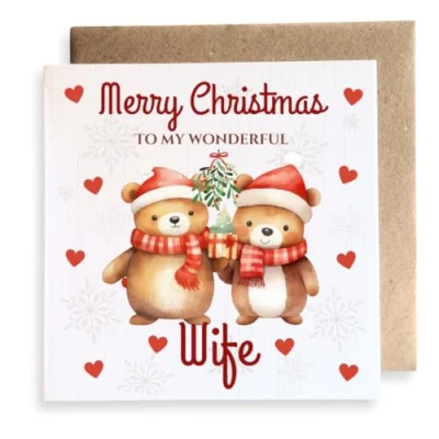 Image of Second Ave Wife Bears Mistletoe Love Square Card Christmas Xmas Holiday Festive Greetings
