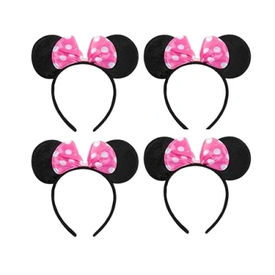 Image of SERENA&#039;S ® 4PCS Pink Minnie Mouse Ears Cartoon Headband Polka Dot Bow Birthday Halloween, Party Accessories, for Adults/Children Fancy Dress Costume Head Band Accessory