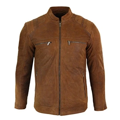 Image of Mens Real Suede Leather Retro Vintage Camel Zip Biker Racing Jacket Washed Nehru Collar Tan Brown
