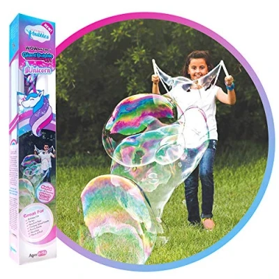 Image of WOWMAZING Giant Bubble Kit: Unicorn Incl. Wand, 2 Big Concentrate Pouches and 8 Sun Activated Magical Stickers Outdoor Toy for Kids, Girls Bubbles Made in The USA Kit