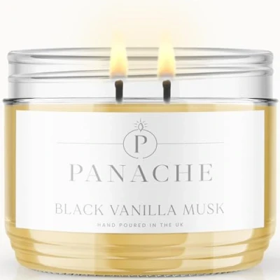 Image of Panache Double Wicked Scented Candles Black Vanilla Musk 350 gram Jar Candle Natural Soy Wax 48 Hours Burn Great Gift Set for Women
