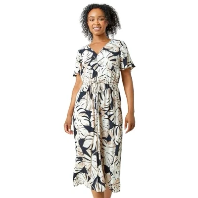 Image of Roman Petite Women Leaf Print Tie Waist Maxi Dress Ladies Spring Everyday Summer Holiday V Neckline Comfy Short Sleeve Soft Gown Vacation Frocks Black Size 18