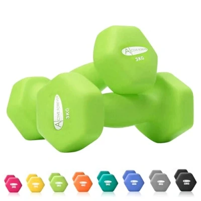 Image of ACTIVE FOREVER Dumbbells 2x3kg, Set of 2, Hex Pair, Neoprene Waterproof Non slip Dumbells (Grass Green)